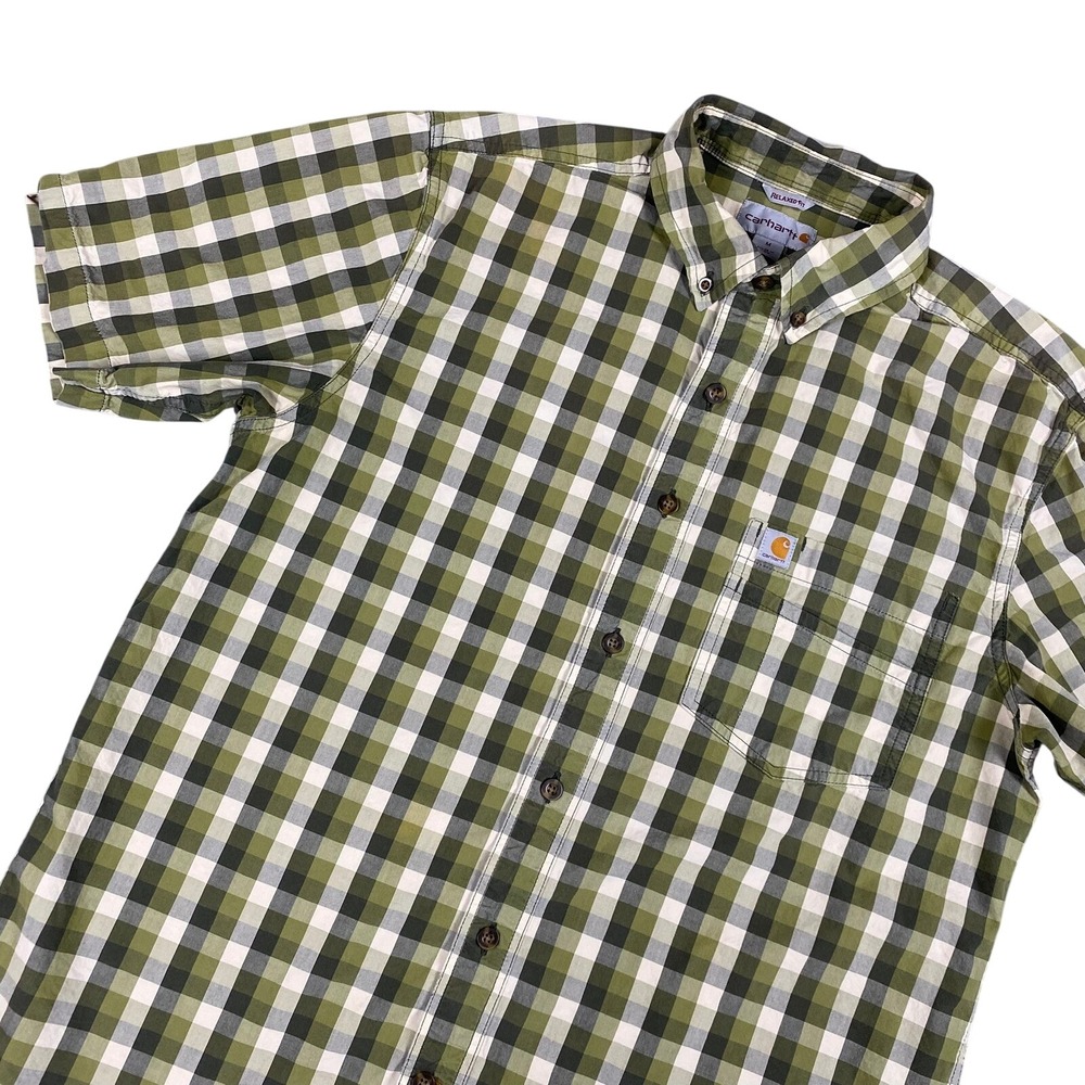 Carhartt Mens Short Sleeve Button Down Shirt Medium Green Gingham Plaid Workwear
